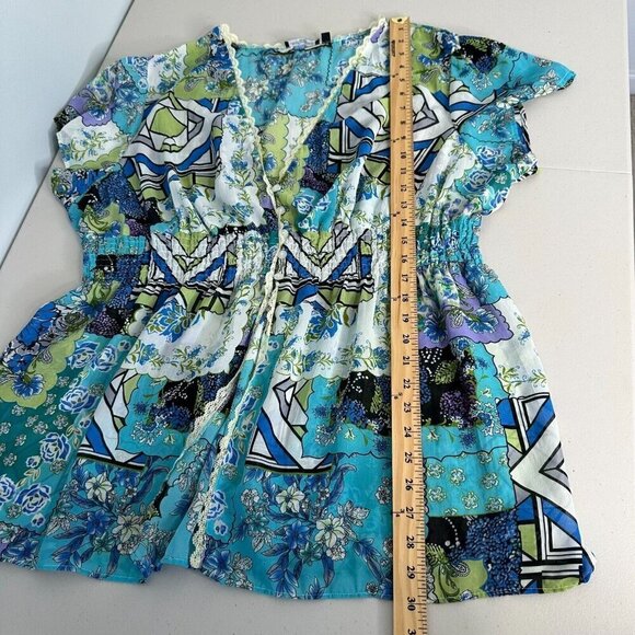 Notations Smocked Topper Size 3X Patchwork Print Sheer Lace Boho Peasant - Picture 10 of 15